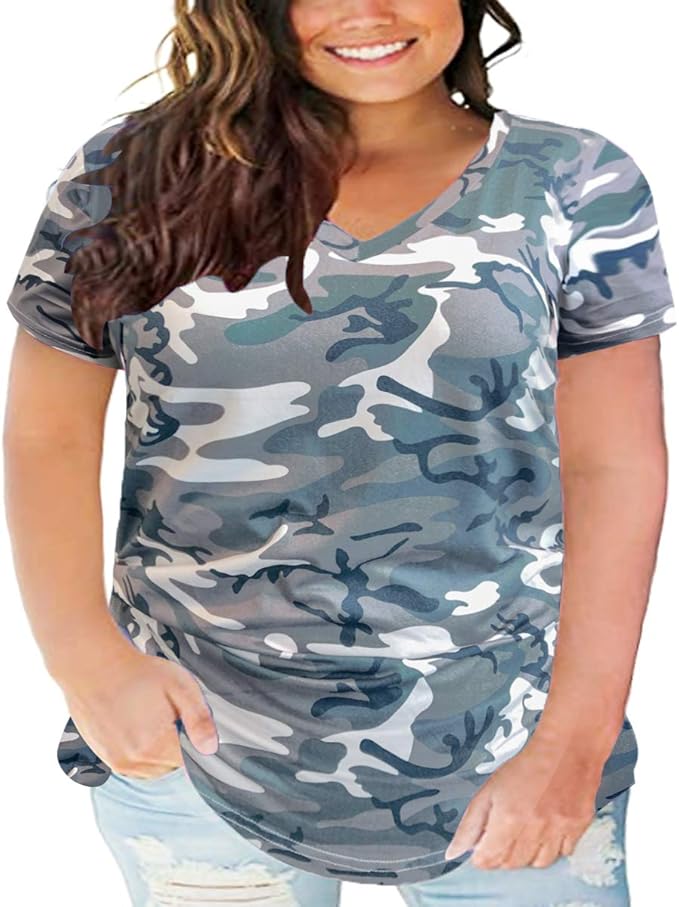 CARCOS Camo Plus Size Women Tops Short Sleeve Shirts Basic V Neck