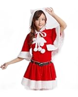 サンタクロース 衣装5点セット (ネコ耳フーディーショール、トップス、スカート、レッグカバー、ベルト) コスチューム レディース フリーサイズ