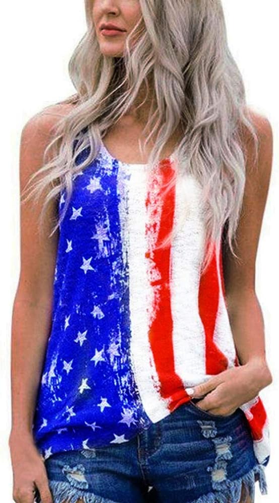 DRAGON VINES Womens American Flag Tank Top Girls 4th July Tanks Patriotic USA Flag Stripe Printed Stars Vests Tops Blouse S White
