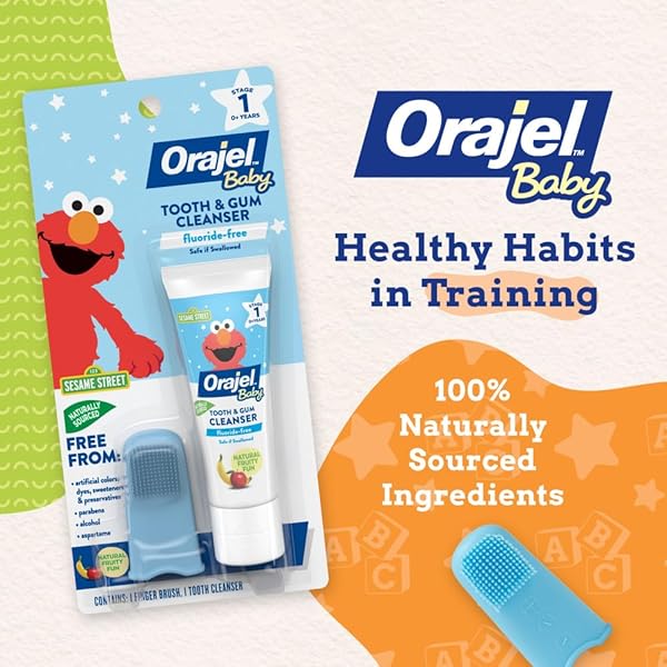 ORAJEL BABY ELMO TOOTH & GUM CLEANSER FLUORIDE-FREE, 1 FINGER BRUSH, 1 TOOTHPASTE 1OZ; #1 PEDIATRICIAN RECOMMENDED FLUORIDE-FREE TOOTHPASTE*