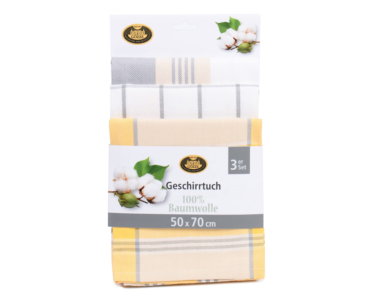 Gözze - Set of 3 Tea Towels, 100% Cotton, High Weight Material (260 g/m²), 50 x 70 cm - Yellow