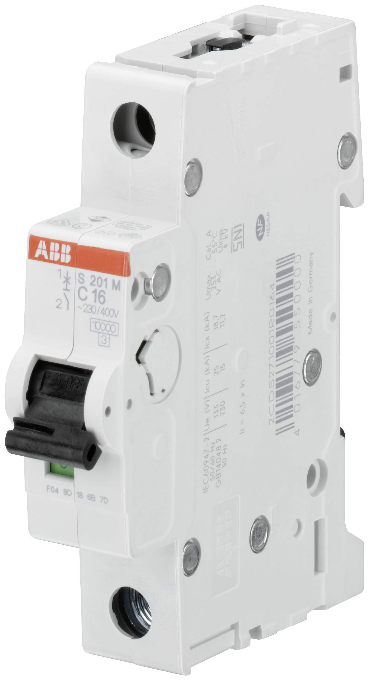 ABB S201M-D2 Miniature Circuit Breaker, 1 Pole, Type D, 10/15kA Breaking Capacity, 2 Amp Current (2CDS271001R0021)