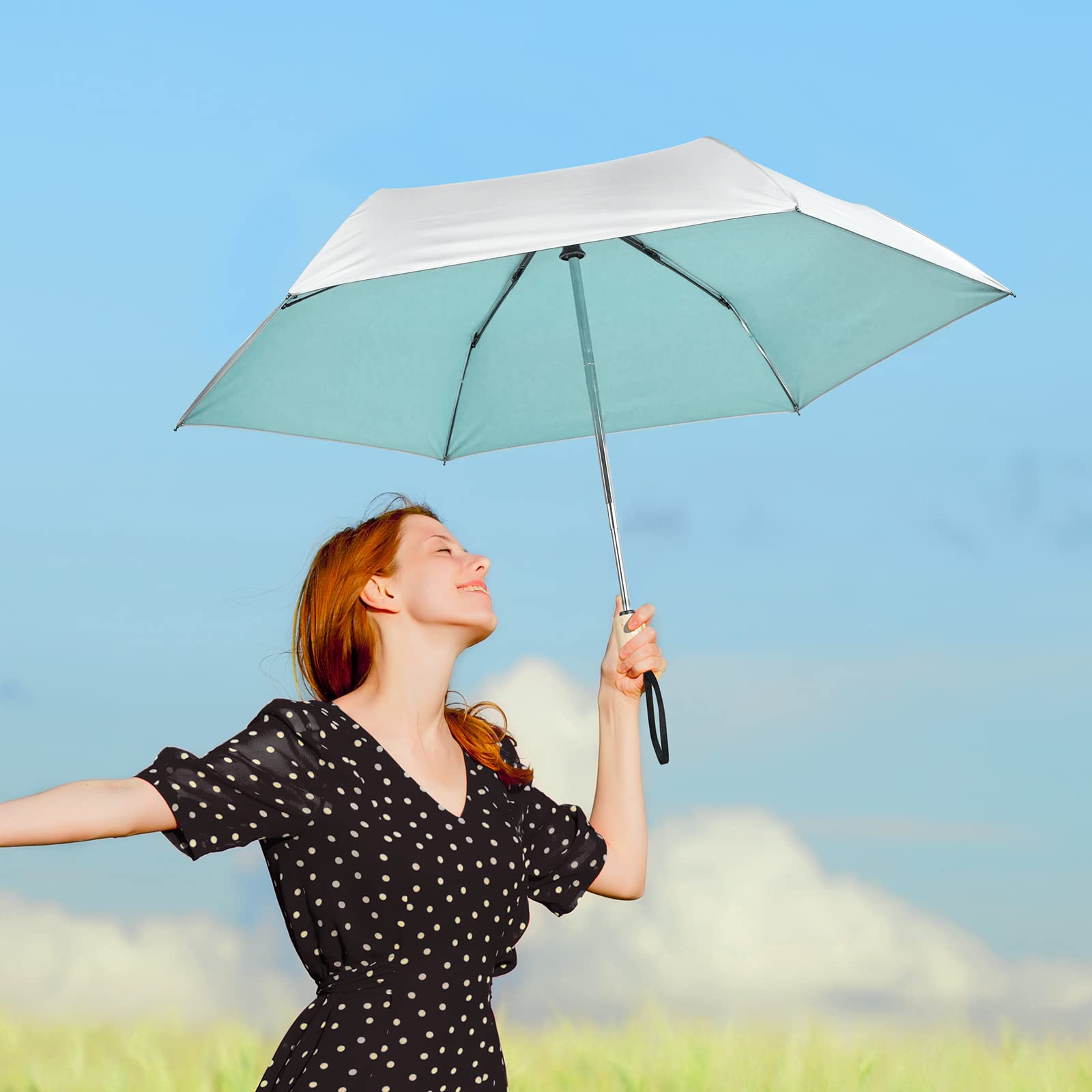 G4Free UPF 50+ UV Protection Travel Umbrella with Wooden Handle, 42 Inch Lightweight Sun Rain Folding Umbrellas Auto Open Close (Lake Blue)