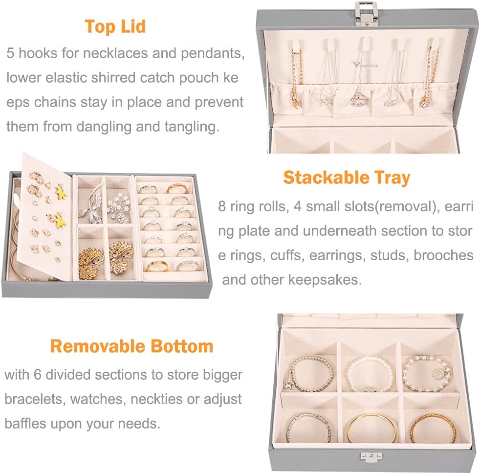 Voova Jewelry Box Organizer for Women Girls, 2 Layer Large Men Jewelry Storage Case, PU Leather Display Jewel Holder with Removable Tray for Necklace Earrings Rings Bracelets, Vintage Gift, Grey: Home & Kitchen