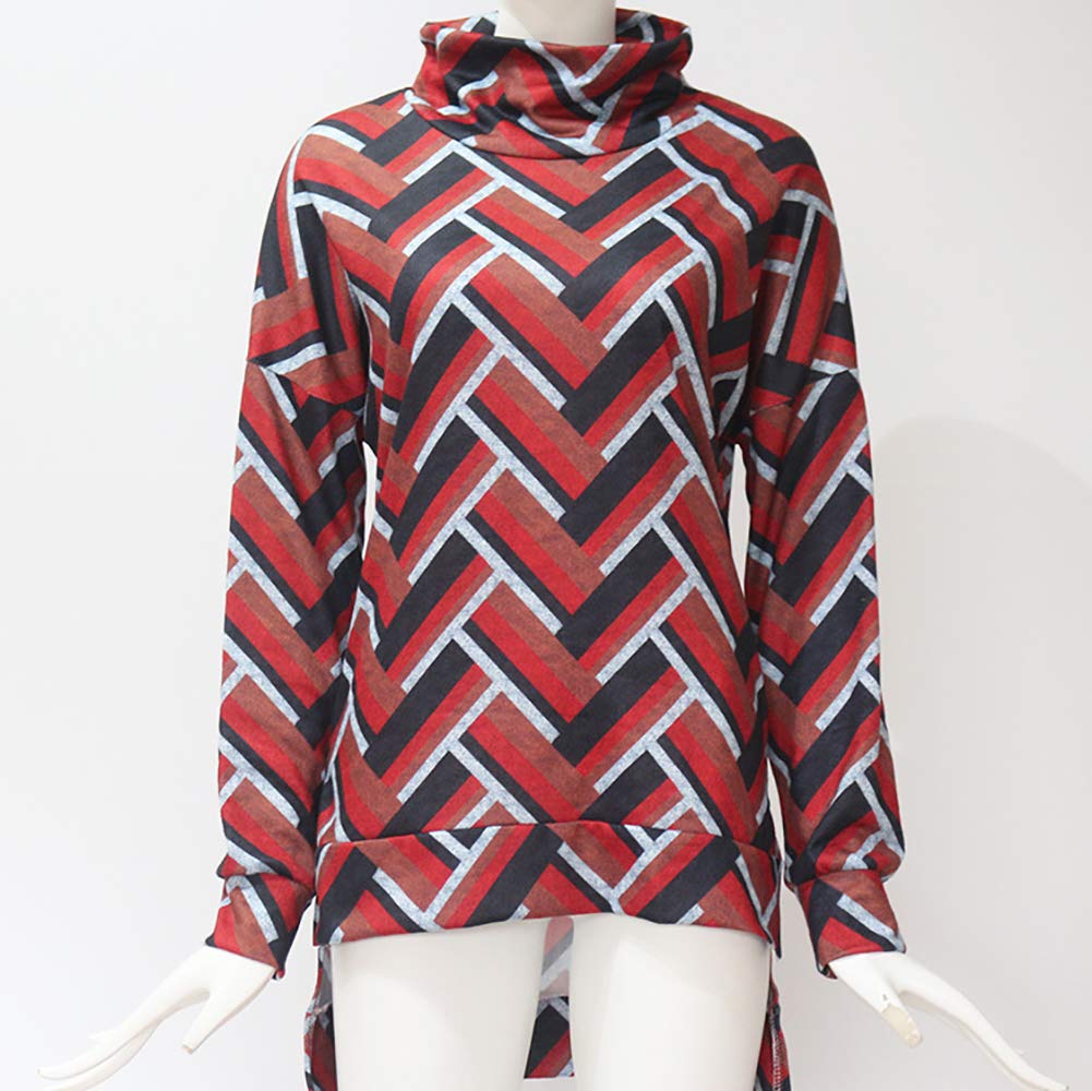 Pevor Womens Casual Henley Shirts Turtleneck Long Sleeve Geometric Print Pullover Sweatshirts Loose Fit Plain Tunic Tops Blouse Red XL