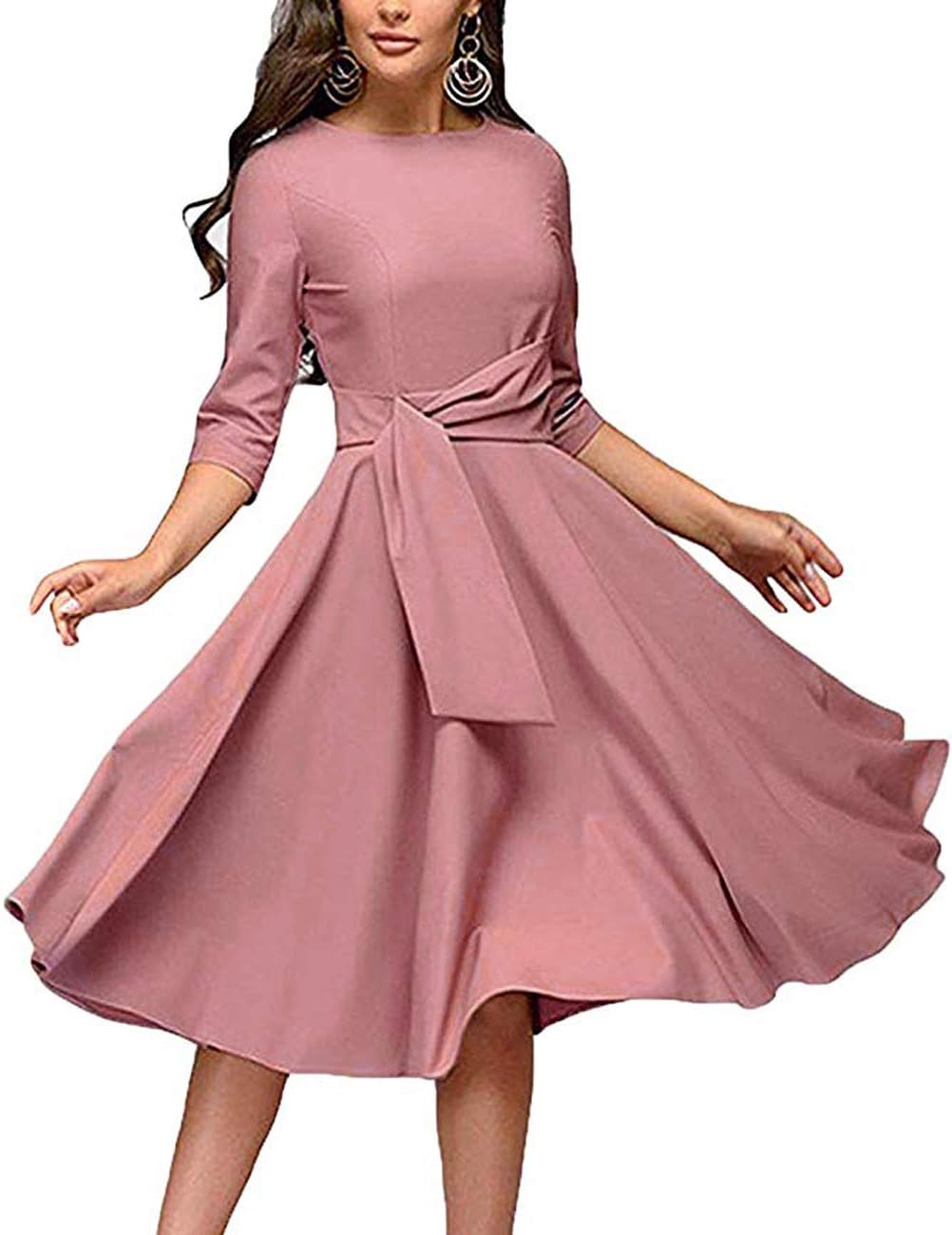 Women's Elegance Audrey Hepburn Style Ruched Dresses Round Neck Pleated Swing Midi A-line Dress with Pockets Dark Pink