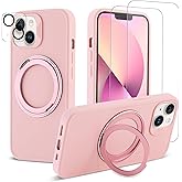 DUEEFA for iPhone 13 Case/iPhone 14 Case 6.1'',360° Rotating Magnetic Metals Ring Stand,with [2X Screen Protector+2X Lens Protectors] Shockproof Silicone Phone Case Compatible with MagSafe(Pink)