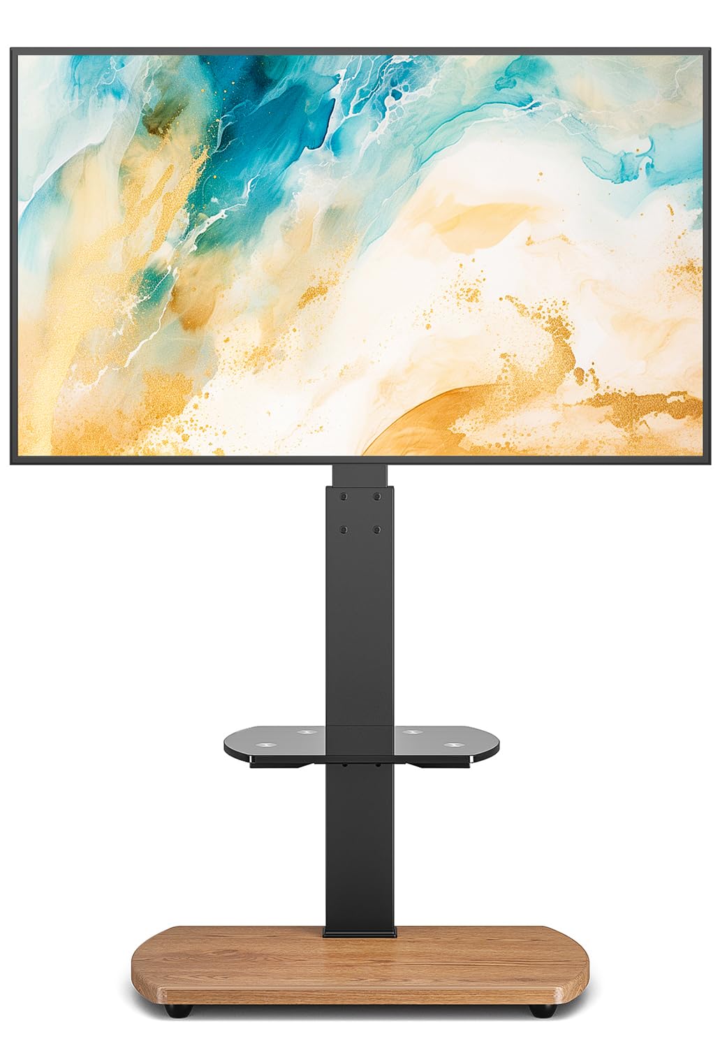 TTAP TV Stand for 32-65 Inch TV’s with Oak Base and Height Adjustable Single Glass Shelf/With Swivel and Height Adjustable Mount Bracket (OAK)