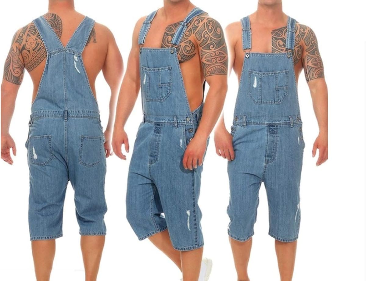Mens Bib Overall Denim Shorts Jeans Casual Loose Fit