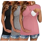 Ekouaer Womens Nursing Tops 3 Pack Short Sleeve Ribbed Breastfeeding Shirts Double Layer Maternity Shirt Pregnancy Clothes