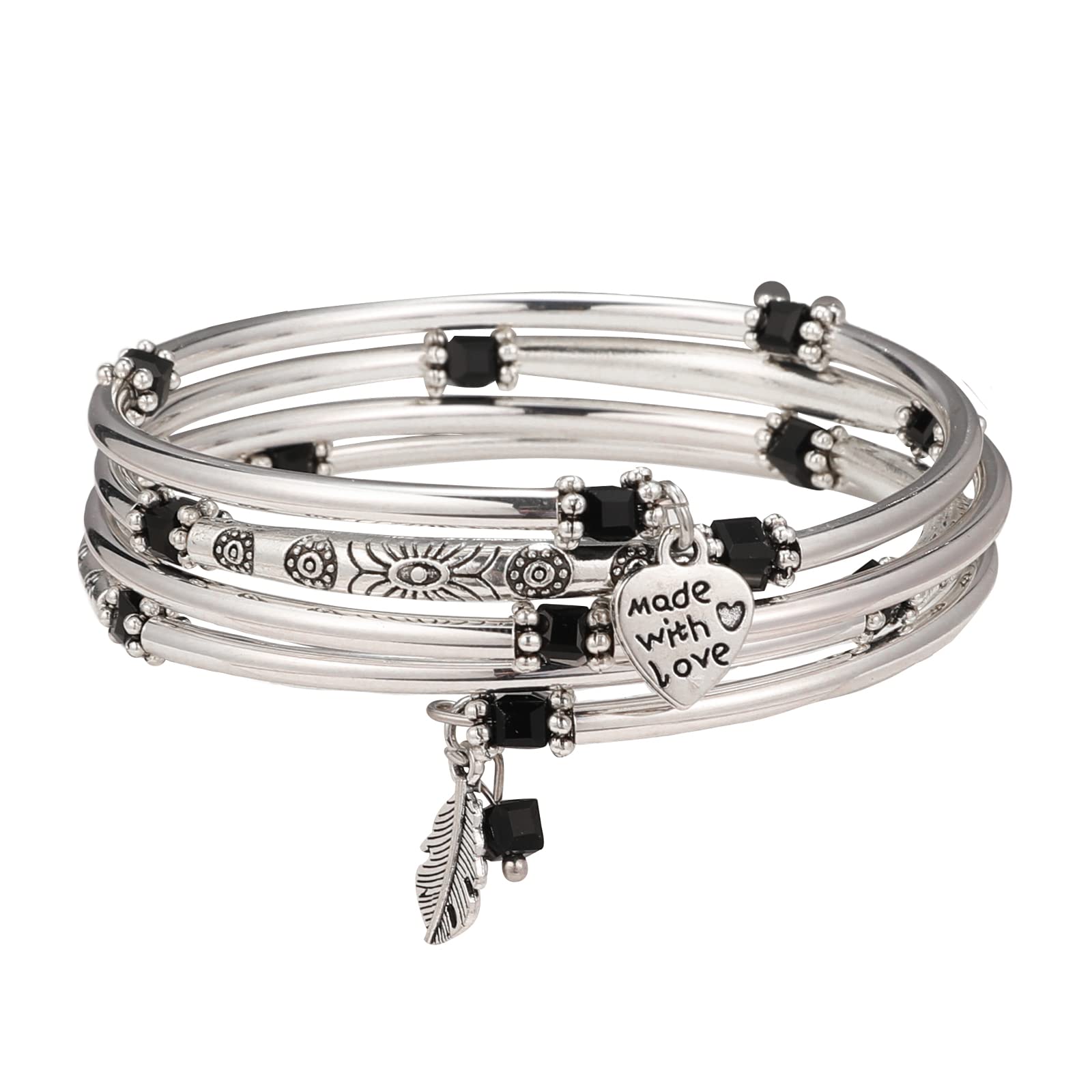 FULU AUTUMN Silver Bangle Pearl Stacking Bracelets Boho Handmade Wrap Bracelet Fashion Jewellery Gift for Women(57-Black)