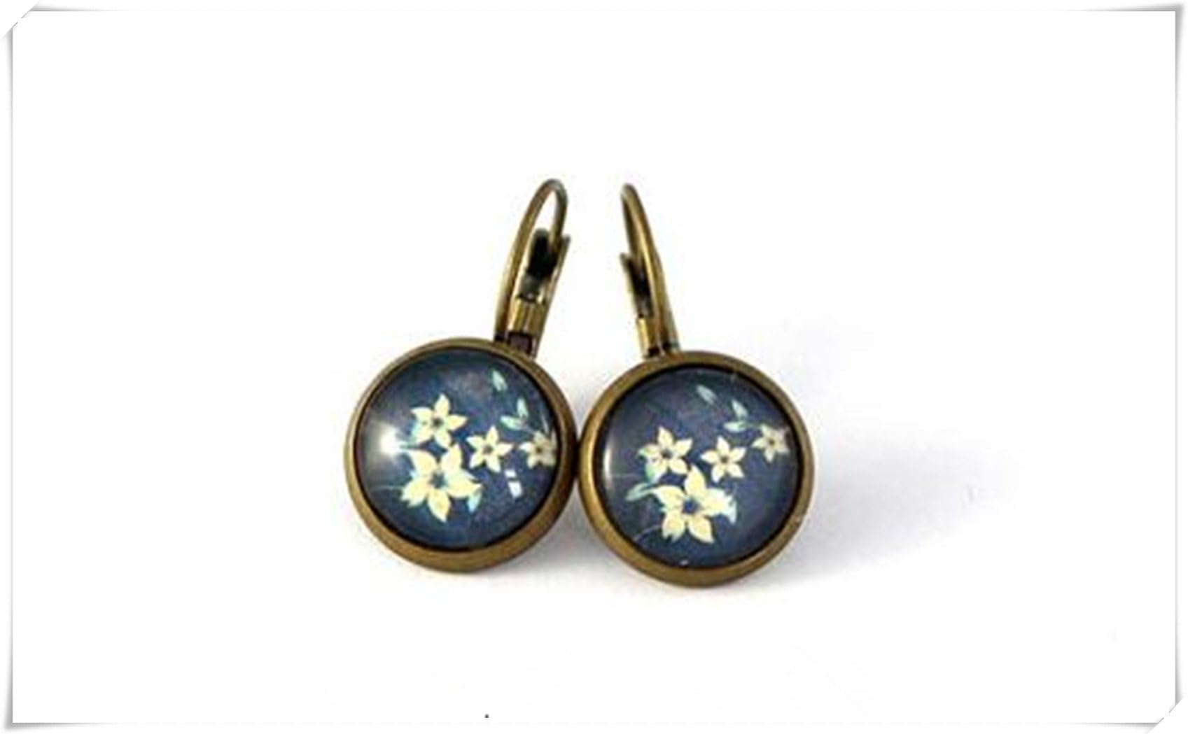 Studs with flowers, blue white, edelweiss, bronze, earrings,
