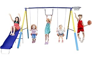 SMkidsport Swing Sets for Backyard with Slide, Basketball Hoop, Two Swing Seats and Gymnastics Rings, Playground Set for Kids Outdoor