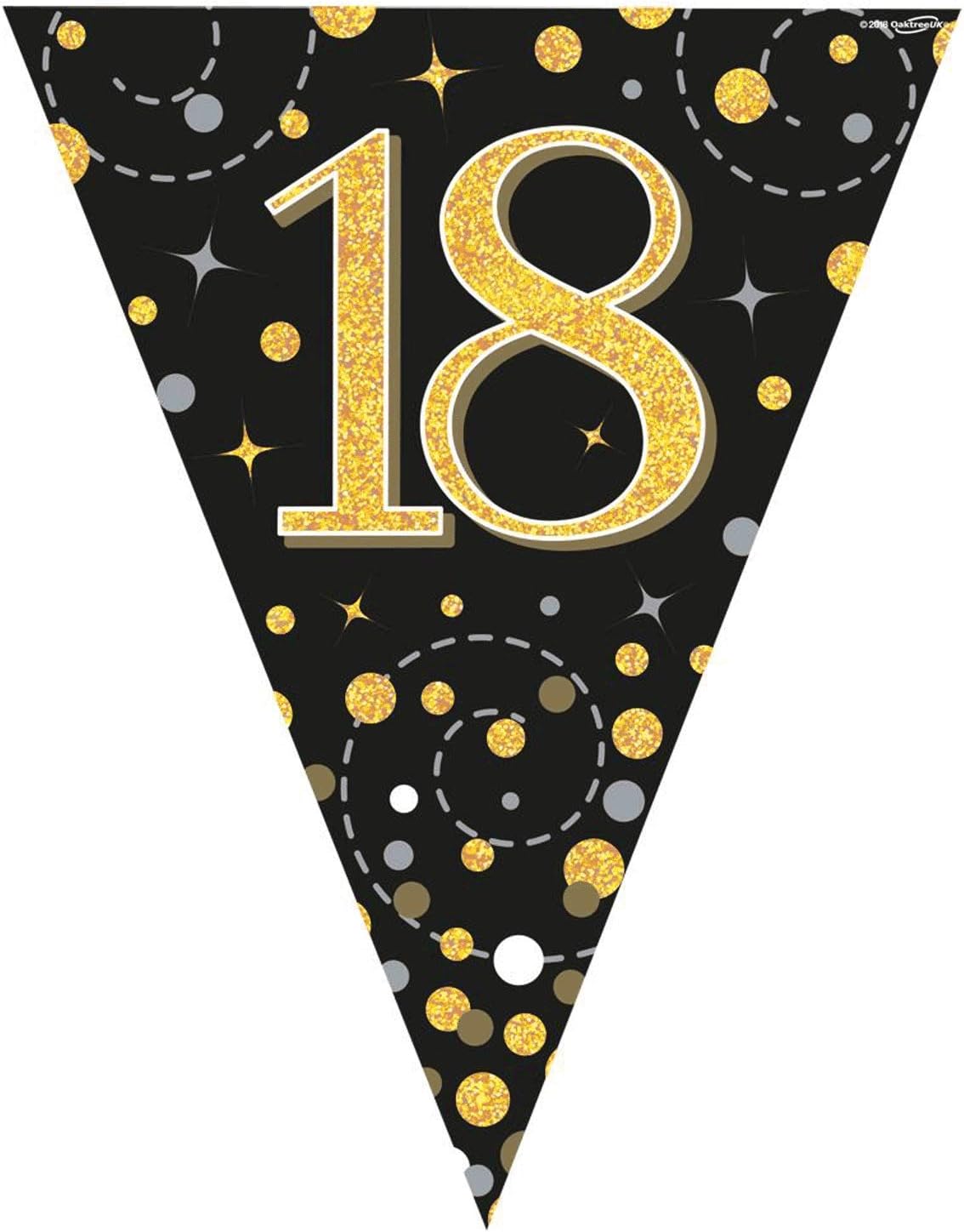 Oaktree UK Party Bunting Sparkling Fizz 18 Black & Gold Holographic 11 flags 3.9m, Pack of 1