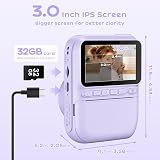 GREENKINDER Kids Camera Instant Print 3.0'' Screen 32GB Card 3 Rolls Purple view 3