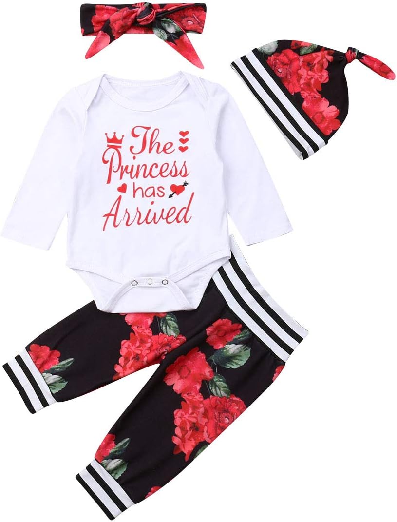 4 pcs Baby Girls Pants Set Newborn Infant Toddler Letter Romper Arrow Heart Pants Hats Headband Clothes