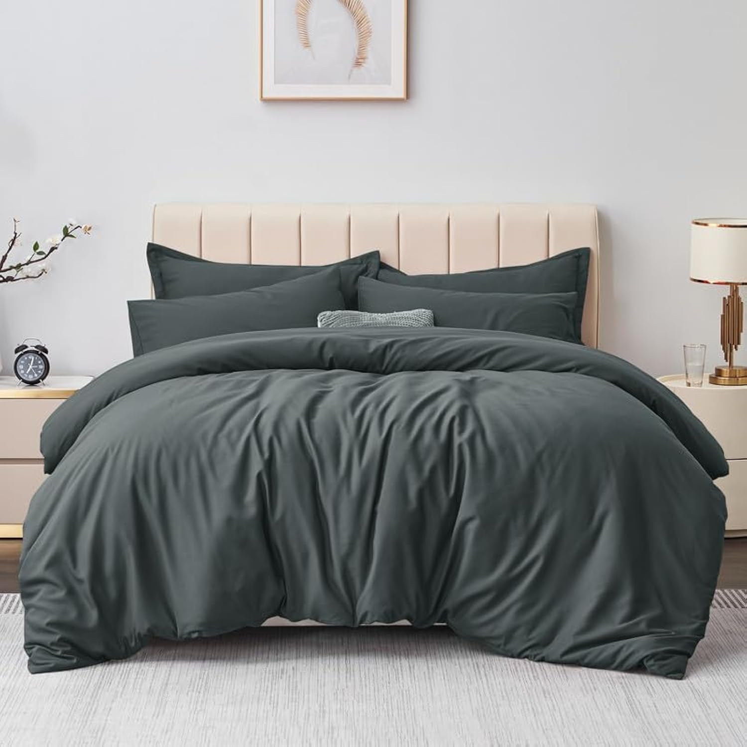 Aisbo Double Duvet Covers Set Dark Grey - 3Pcs Bedding Set Double Bed Soft 90gsm Brushed Microfiber Quilt Cover with 2 Pillowcases