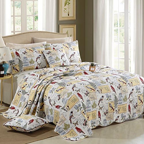 Dodou European Style Quilt Garden Theme Bird Patchwork Bedspread/Quilt Sets 100% Cotton Queen Size 3pcs