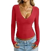 EasyGala Womens Deep V Neck Long Sleeve Shirts Sexy Slim Fit Tops Basic Tees Spring Outfits Fashion Clothes 2026