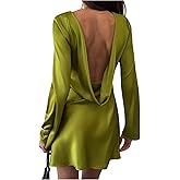 Floerns Women's Backless Draped Satin Mini Dress Crew Neck Long Sleeve Flared Date Night Party Dresses