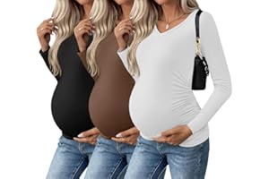 Ekouaer Womens Maternity Shirts Long Sleeve 3 Packs Pregnancy V-Neck Clothes Side Ruched Blouse Tops for Mama S-XXL