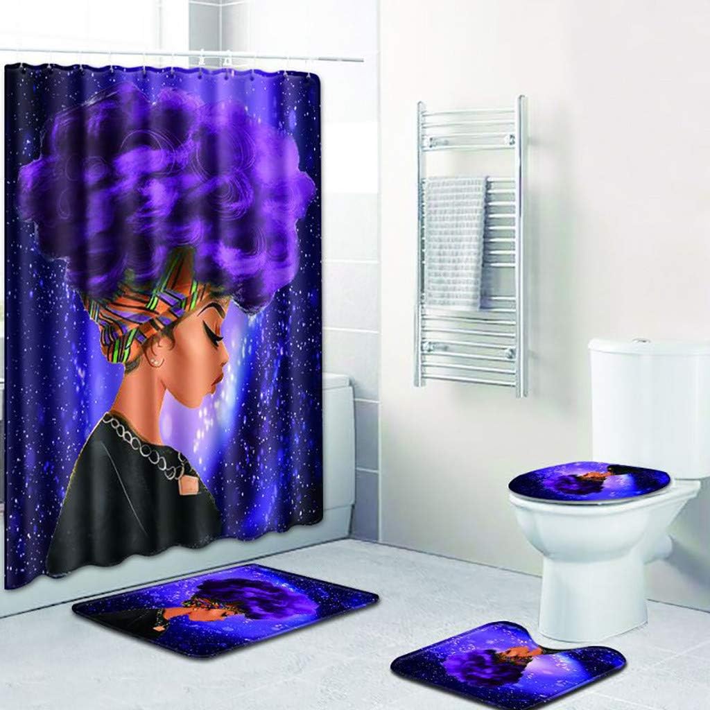 Hohaski Set of 4 Art African Girl Black Afro Women Shower Curtain and Bath Mat Set, Bath Rug Contour Rug Waterproof Non-Slip Bathroom Curtain Set Shower Non-Toxic Odorless Not Moldy (C)