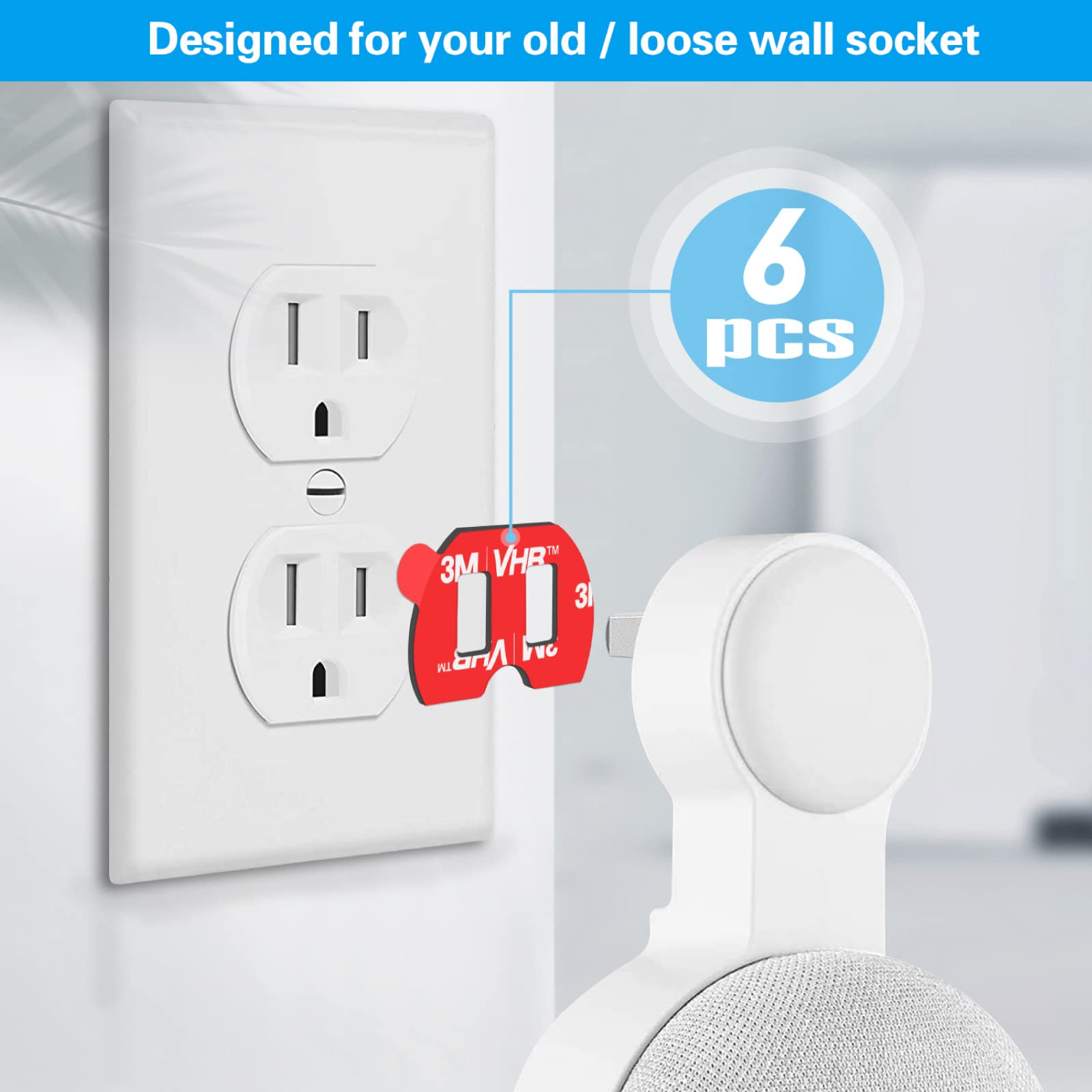 volport Loose Outlet Plug Fix, 6Pcs Double Sided Sticky Adhesive Tape for Smart Speaker Stand Wall Mount, 3M Vhb Sticker Use in Adapter Plugs Keep Falling Out of Outlet, Plug Tightener
