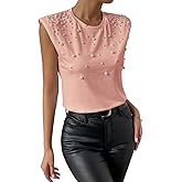 GORGLITTER Women's Pearl Beaded Top Blouses Casual Dressy Sleeveless Shoulder Pad Tee T-Shirt Going Out Outfits