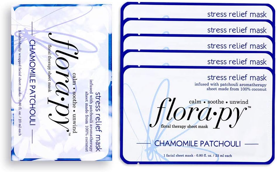 Florapy Beauty Stress Relief Sheet Aromatherapy Mask, Chamomile Patchouli, 5 Count