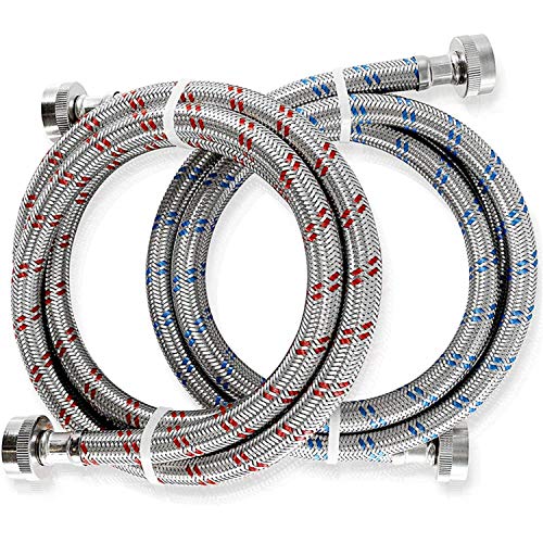 Washing Machine Hose, 6 FT Stainless Steel Burst Proof (2 Pack) Red and Blue Striped Water Connection Inlet Supply Lines - Lead Free