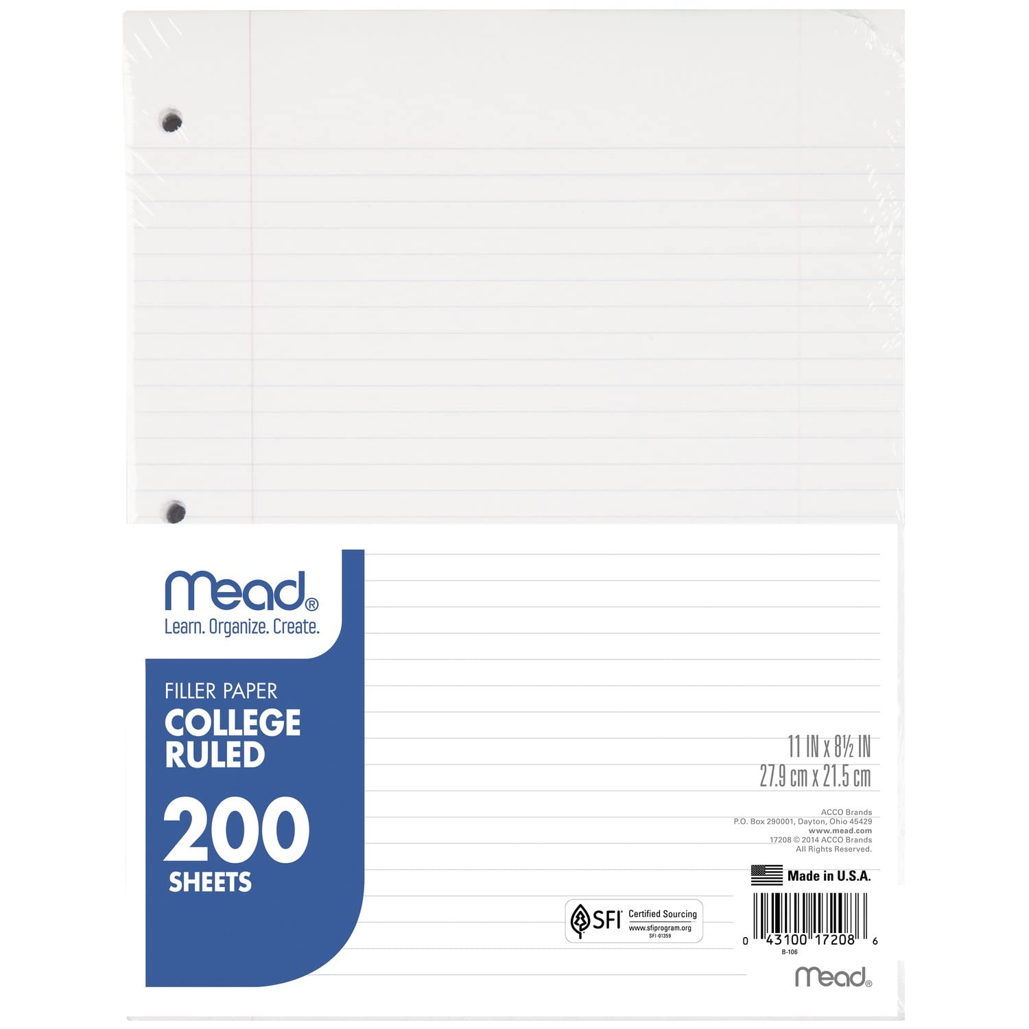 Photo 1 of Mead Loose Leaf Paper, College Ruled Filler Notebook Paper, 8-1/2" x 11", 200 Sheets, Fits 3-Ring Binder (17208)