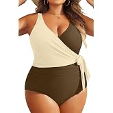 Plus Size One Piece Swimsuits- Tummy Control Full Coverage Bathing Suits | Warp V Neck, Unremovable cups, Ruched, Colorblock, Full Lining, Full Coverage