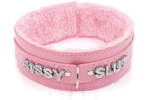 paloli Women Pink Leather Choker Necklace, Punk Gothic Black Fluffy Name Letters Collar Leash Neck Jewelry