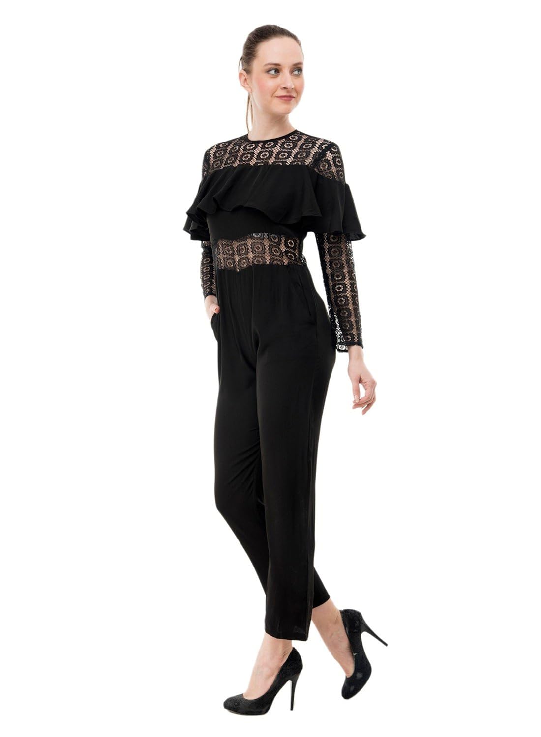 karmic vision women's crepe net black casual jumpsuit