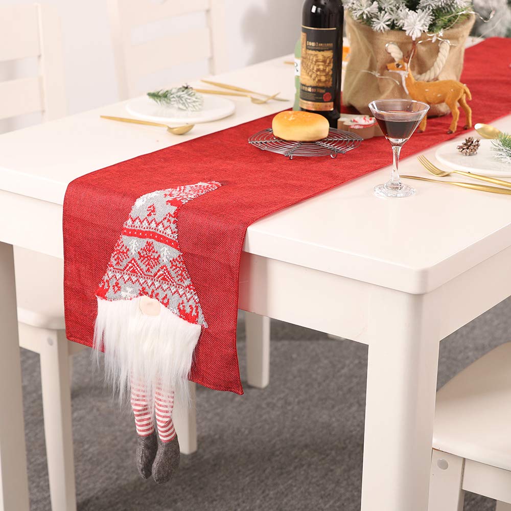 VKTY Christmas Dinner Table Runner, Xmas Table Runner Santa Claus Themed Linen Long Table Runner Cloth 180cm Home Decor Tablecloth Cover for Party Festival Holiday Decoration, Red