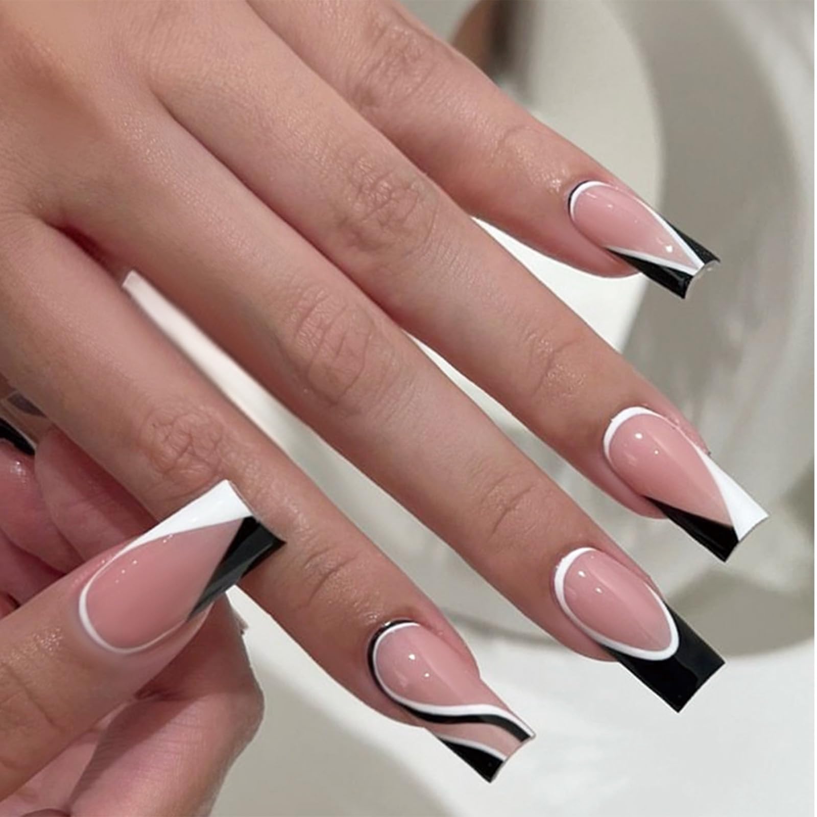 Photo 1 of SINHOT Square Press on Nails Medium Fake Nails Glossy Glue on Nails Black White Swirl Acrylic Nails Squoval Artificial Nails French Tip Stick on False Nails with Design 24pcs