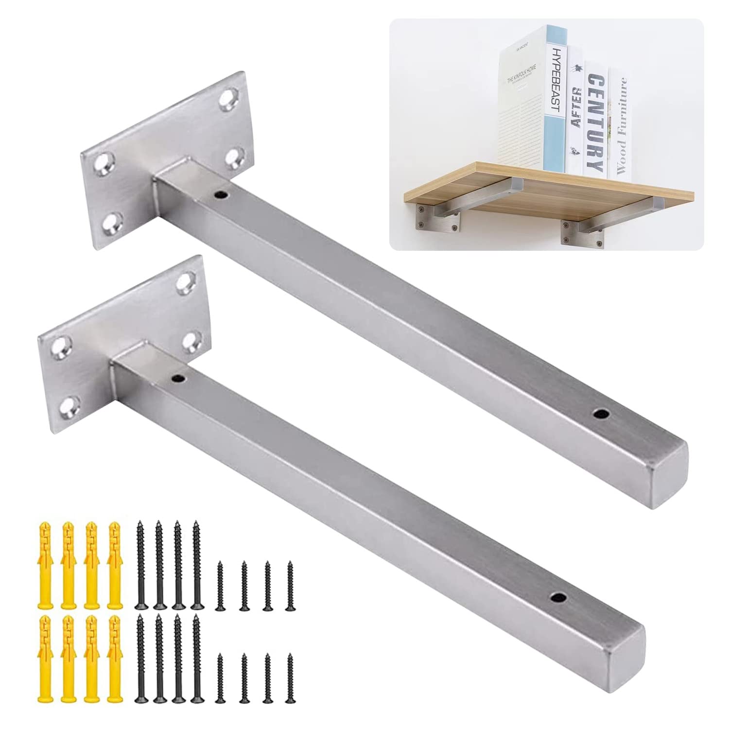 Heavy Duty Shelf Brackets, 2 Piece Silver Floating Shelf Brackets, Metal Stainless Steel, Wall Mounted Supports