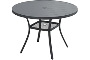 VOXBIN Patio Dining Table for 4, Round Metal Outdoor Table with Storage Shelf, 1.57" Umbrella Hole, 41" Outdoor Slat Tabletop Dining Table for Backyard, Porch, Lawn, Dark Grey