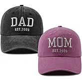2PCS Mom and Dad EST 2025 Hat for Women Men, Funny Adjustable Cotton Embroidered New Parents Gifts Baseball Cap