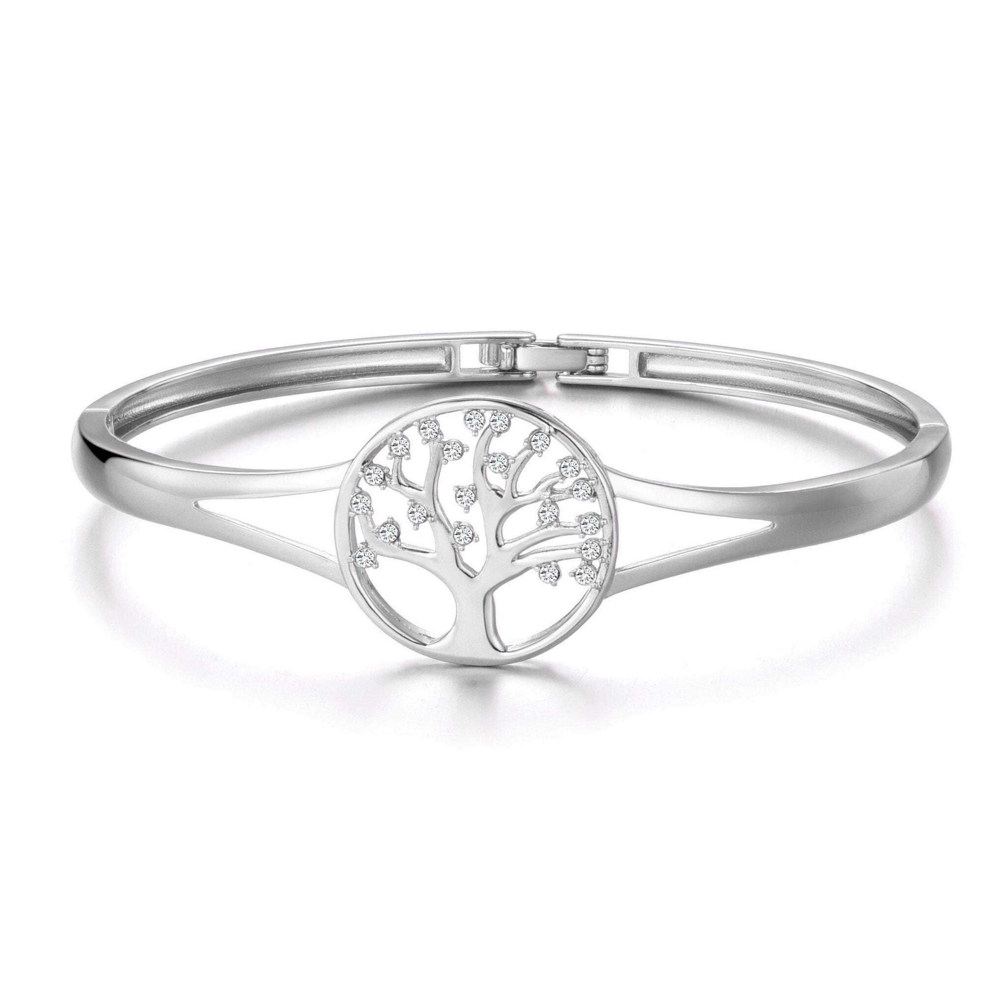Philip Jones Silver Plated Tree of Life Bangle Created with Zircondia® Crystals (7 Inch)