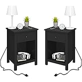 ChooChoo Black Nightstand Set of 2,Night Stand with Charging Station, Wooden Top Bedside End Table with Drawer and Storage Space for Bedroom