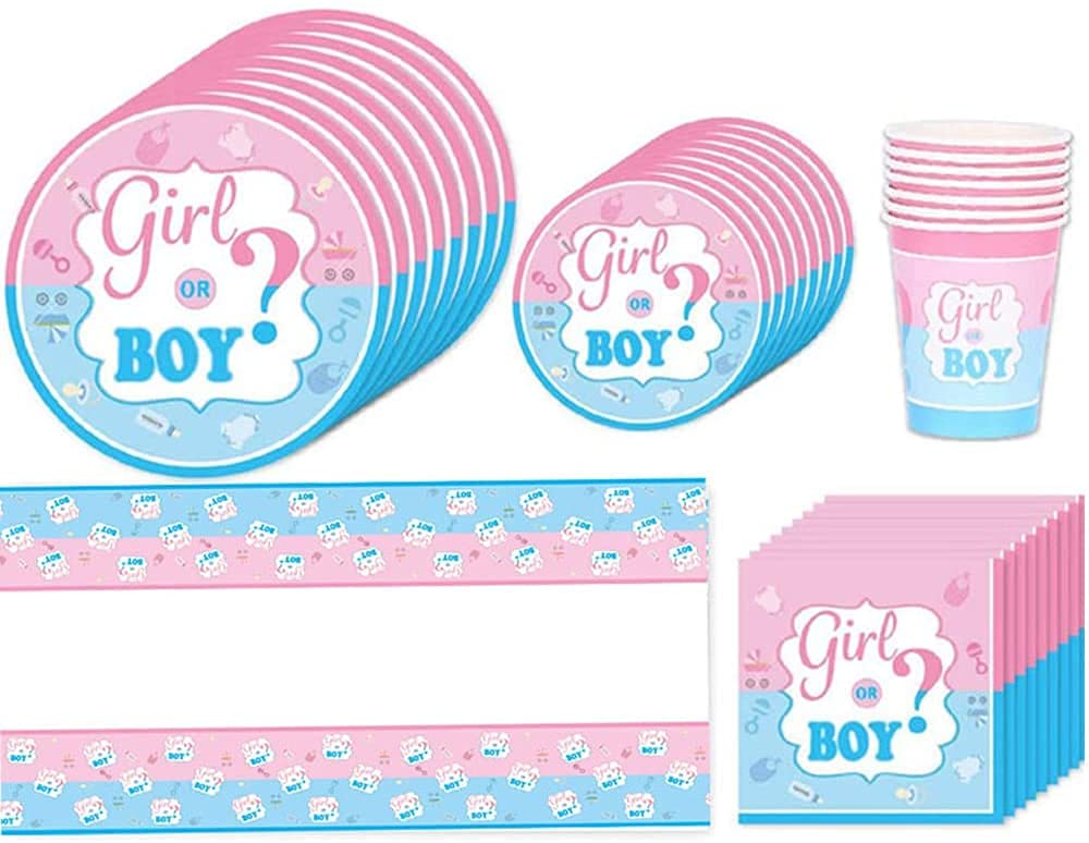 Baby Gender Reveal Party Supplies, 51 Pcs Baby Shower Gender Reveal, Boy or Girl Party Tableware, Gender Revel Party Supplies, Plates, Cups, Fork, Napkins, Banner, for Baby Shower Party Supplies