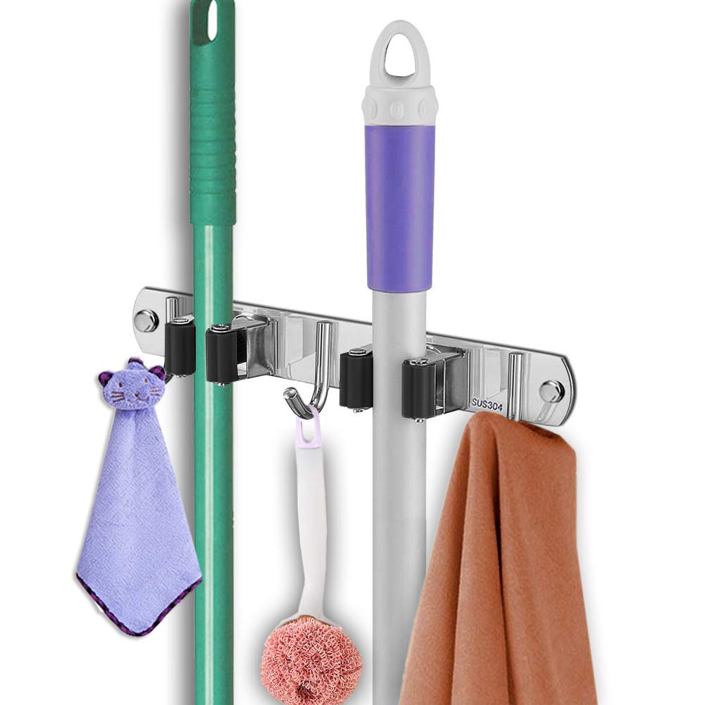 OBELON No-Drill Mop Holder Wall Mounted, Stainless Steel Broom Storage Rack with 2 Clips & 3 Hooks, Utility Room Organizer for Kitchen, Bathroom, Garage, Garden - Black