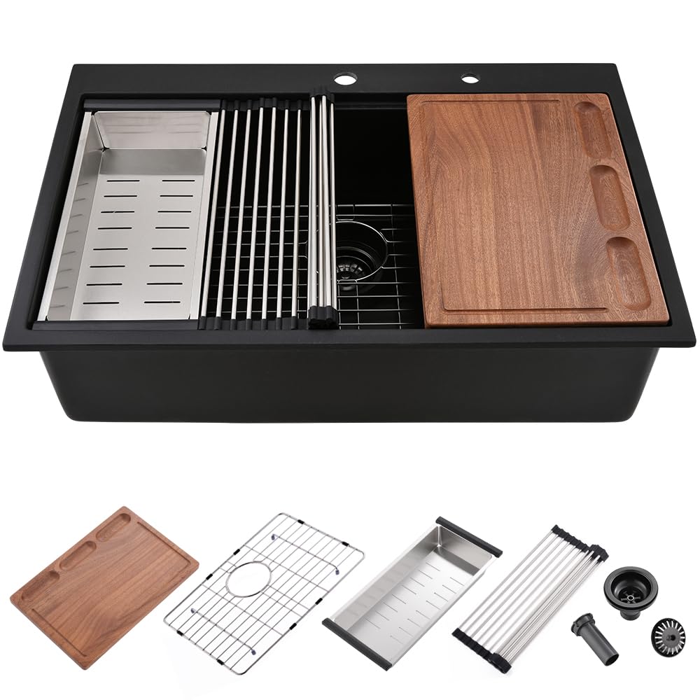 Photo 1 of 33 Inch Black Drop In Kitchen Sink Workstation-iAnomla 33x22 Black Kitchen Sink Drop In Topmount Quartz Composite Sinks Deep Single Bowl with Cutting Board