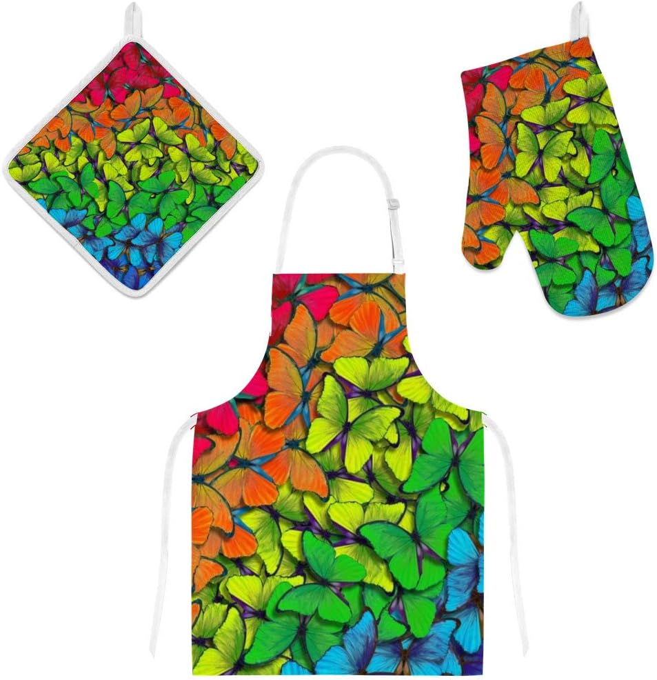 Top Carpenter Polyester Kitchen Oven Mitts Glove Potholder Apron 3Pcs Set Colors of Butterfly Rainbow Non Slip Heat Resistant Mitts for Baking Cooking BBQ