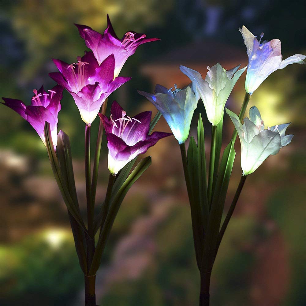 ixaer Solar Garden Lights Outdoor 2 Pack Solar Powered Lights 8 Lily Flower Multi-Color Changing LED Solar Landscape Lighting Light (White and Purple)