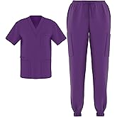Zam Imports Unisex Men's Women's Joggers Scrubs Medical Nursing Stretch Flex V-Neck Jogger 2 Piece Scrub Set
