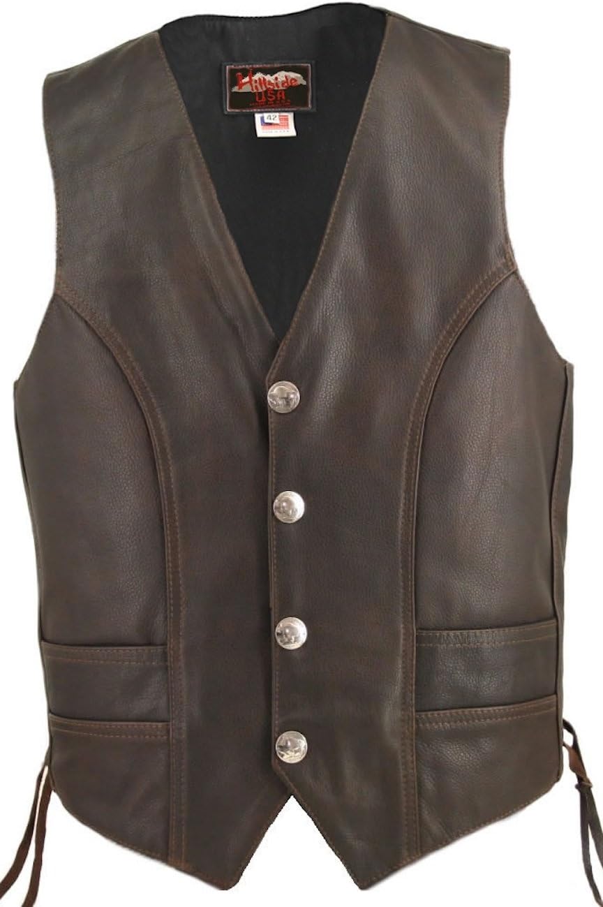 Mens Made in USA Distressed Brown Leather Motorcycle Vest Buffalo Nickel Snaps