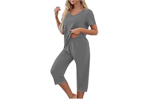 Womens Pajama Sets 2 Piece Short Sleeve Top with Capri Pants Sleepwear Loose Comfy Summer Lounge Set