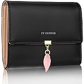 FT FUNTOR RFID Wallets for Women, Leaf Card Holder Trifold Ladies Wallets Coins Zipper Pocket with ID Window Small Black